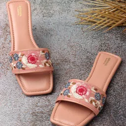 Anouk Peach-Coloured & Blue Embellished Embroidered Open Toe Flats-18