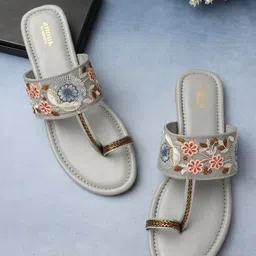 Anouk Grey Embellished Embroidered Open One Toe Flats-15