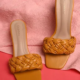 BuckleUp Women Mustard Textured Wedge Mules with Laser Cuts-6