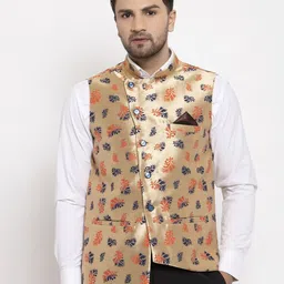 KLOTTHE Men Gold-Coloured Woven Design Nehru Jackets-image-71