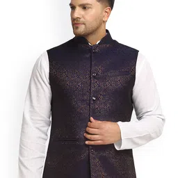 TREEMODA Men Navy Blue & Gold-Coloured Woven Design Nehru Jackets-image-72