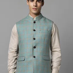 Louis Philippe Checked Mandarin Collar Pure Woollen Nehru Jacket-6