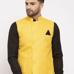 KLOTTHE Men Yellow Solid Woven Nehru Jackets-30