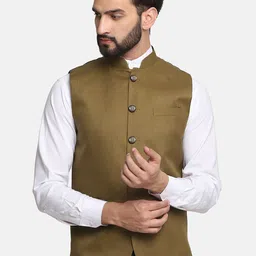 TAHVO Men Green Solid Nehru Jackets-picture-6