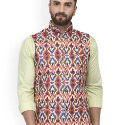 Benstoke Men Red & Beige Printed Nehru Jackets-14