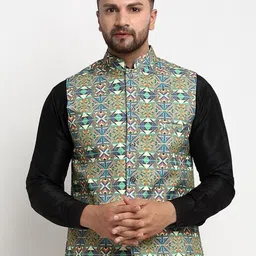 Benstoke Men Green Printed Woven Nehru Jacket-27