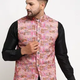Benstoke Men Pink & Brown Printed Woven Nehru Jacket-image-60
