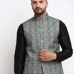 Benstoke Men Green Printed Woven Design Nehru Jacket-3