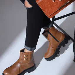 The Roadster Lifestyle Co. Women Brown Mid Top Flatform Heel Chunky Boots With Buckle-image-58