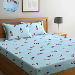 Arrabi Blue Floral 300 TC King Bedsheet with 2 Pillow Covers-image-74