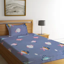 KLOTTHE Blue & White Graphic 210 TC Single Bedsheet with 1 Pillow Covers-image-19