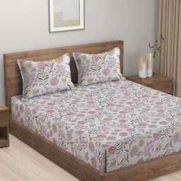 HOSTA HOMES Unisex White & Pink 300 TC King Size Print Bedsheet With 2 Pillow Covers.-image-58