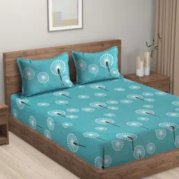 HOSTA HOMES Unisex Blue Printed 300 TC Flat King Size Bedsheet With 2 Pillow Covers-35