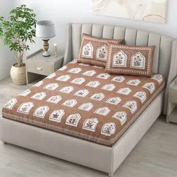 LIVING ROOTS Brown & White Floral 160 TC King Bedsheet with 2 Pillow Covers-picture-18