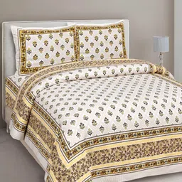 INDHOME LIFE Cream-Coloured & Yellow Floral 220 TC King Bedsheet with 2 Pillow Covers-image-1