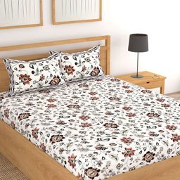 Lali Prints White & Brown Floral Cotton 250 TC King Bedsheet With 2 Pillow Covers-image-89