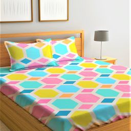 Home Sizzler Yellow & Blue Geometric 210 TC King Bedsheet with 2 Pillow Covers-image-3