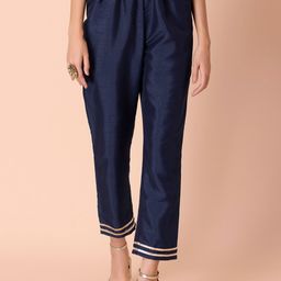 Rang by Indya Women Navy Blue Pleated Silk Trousers-picture-26