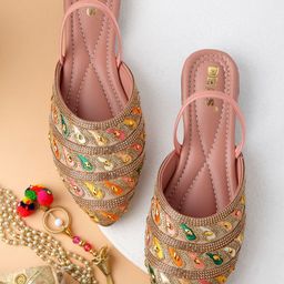 DEAS Women Gold-Toned And Pink Ethnic Mules Flats-47