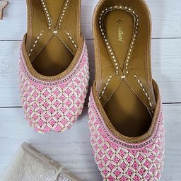 Fulkari Embellished Round Toe Leather Mojaris-picture-39