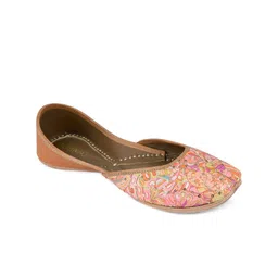 Coral Haze Women Peach-Coloured Embellished Leather Ethnic Mojaris Flats-18