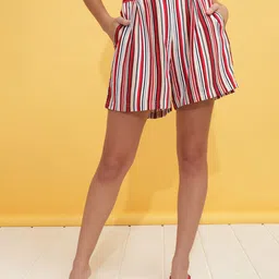 Freehand by The Indian Garage Co Women Red  Black Striped High-Rise Loose Fit Shorts-picture-17
