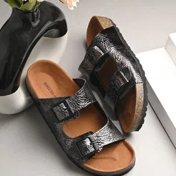 The Roadster Lifestyle Co. Textured Buckles Open Toe Comfort Flats-14