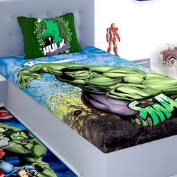 Marvel Green & Blue Hulk 180 TC Cotton Single Bedsheet with 1 Pillow Cover-image-70
