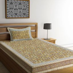 Rajasthan Decor Yellow & Grey Floral 144 TC Single Bedsheet with 2 Pillow Covers-image-23
