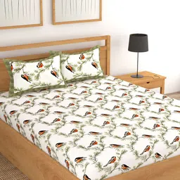 Lali Prints White & Green Floral Printed 250 TC Cotton King Bedsheet With 2 Pillow Covers-image-50