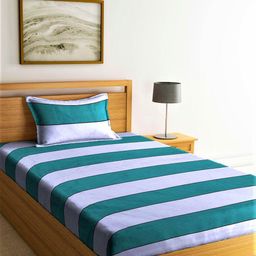 Home Sizzler Green & White Striped 210 TC Cotton Single Bedsheet with 1 Pillow Covers-image-23