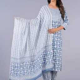 JAIPURI COLLECTION Geometric Print Pure Cotton Straight Kurta with Trousers & With Dupatta-12