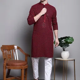 Jompers Geometric Self Design Sequinned Pure Cotton Kurta With Pyjamas image 1
