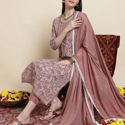 Sangria Floral Printed Pure Cotton Round Neck Kurta With Trousers & Dupatta-12