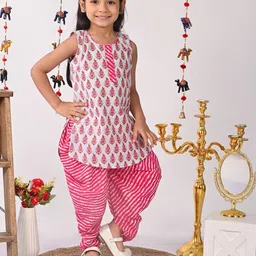 Sangria Girls Pink Floral Printed Pure Cotton Kurti With Dhoti Pants-image-66