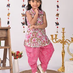 Sangria Girls Pink Floral Printed Pure Cotton Kurti With Dhoti Pants-image-65
