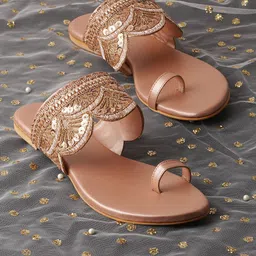 Anouk Rose Embellished Fabric Open One Toe Flats-44