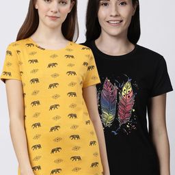 Kryptic Women Pack Of 2 Black & Mustard Yellow Printed Pure Cotton Lounge T-Shirts-image-8