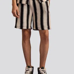Muvazo Men Mid-Rise Geometric Self Design Crochet Cotton Shorts-image-95