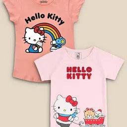 Kids Ville Girls Pack Of 2 Peach-Coloured & Pink Hello Kitty Printed Pure Cotton T-shirts-image-75