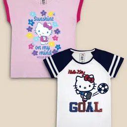 Kids Ville Girls Pack Of 2 Purple & White Hello Kitty Printed Pure Cotton T-shirt-image-29