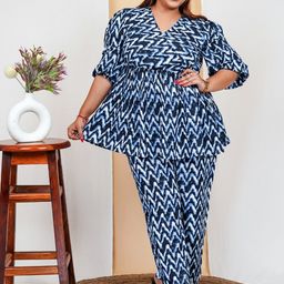 DEEBACO Plus Size Printed Pure Cotton V-Neck Tunic & Trousers Ethnic Co-Ords-5
