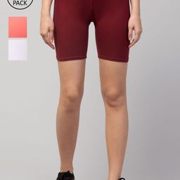 Apraa & Parma Pack Of 3 Women Maroon Slim Fit Pure Cotton Cycling Sports Shorts-image-94