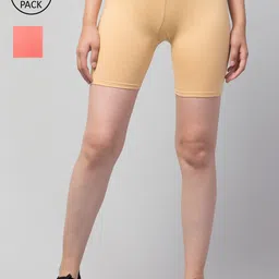 Apraa & Parma Women Cream & Peach Pack Of 2 Skinny Fit Cycling Pure Cotton Shorts-image-49