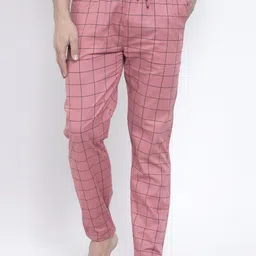 JAINISH Men Pink & Black Checked Pure Cotton Lounge Pants-image-81