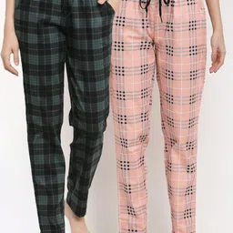 Claura Women Pack Of 2 Green & Pink Checked Pure Cotton Lounge Pants-image-15