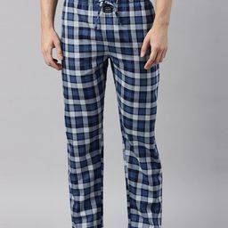 Joven Men Blue & White Checked Pure Cotton Lounge Pants-image-35