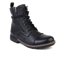 MONDAIN Men Black Solid Leather Flat Boots-picture-30