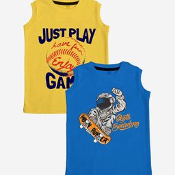 x2o Kids Pack Of 2 Printed Blue & Yellow Pure Cotton Basic Innerwear Vests-2