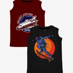 x2o Kids Pack Of 2 Maroon & Black Printed Cotton Innerwear Basic Vests-picture-37